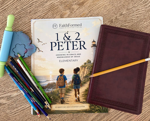 FaithFormed 1 & 2 Peter Elementary cover beside a Bible, colored pencils, pencil, modeling clay, and a rolling pin on a wood table