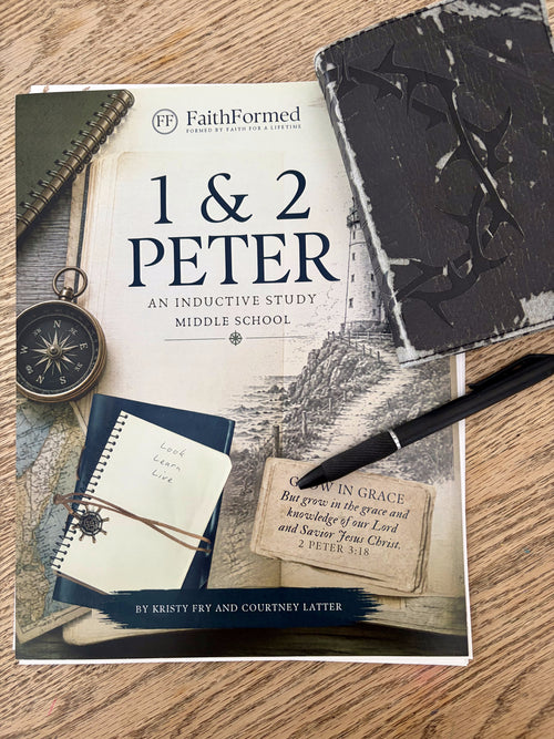 FaithFormed 1 & 2 Peter Middle School cover beside a Bible, pen, notebook, map, and compass on a wood table